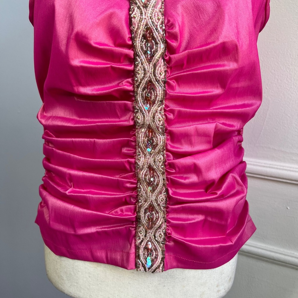 Y2K Vintage TADASHI Top Ruched Beaded Sequins Metallic Hot Pink Women's Size 12 - Picture 3 of 9